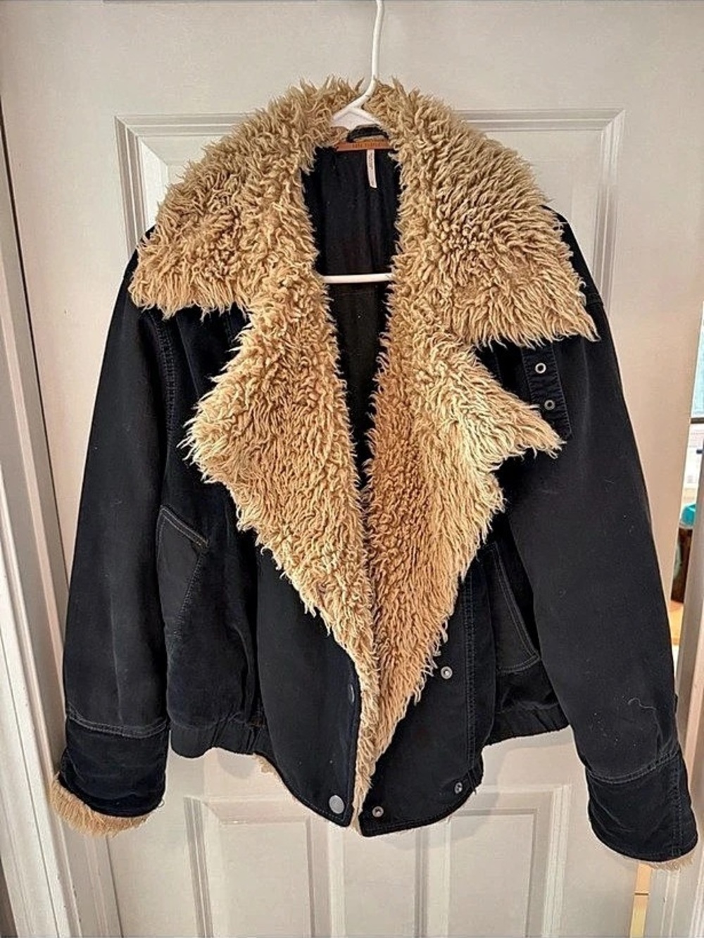 Free People Owen We The Free Shearling Aviator Jacket Black Faux Fur Sherpa